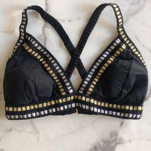 La Blanca Bikini top black Metallic ribbon halter